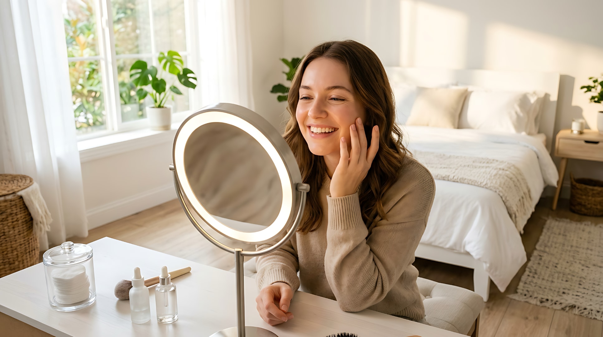 Woman removing make-up at her vanity to arrive with clean skin before injections
