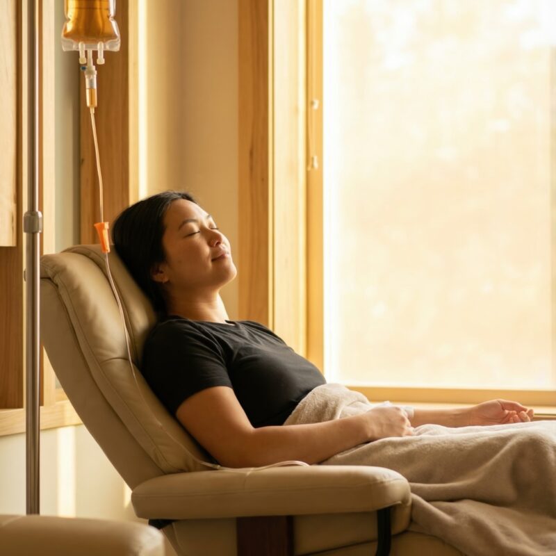 Woman resting in a recliner during a curcumin IV infusion in a sunlit clinic