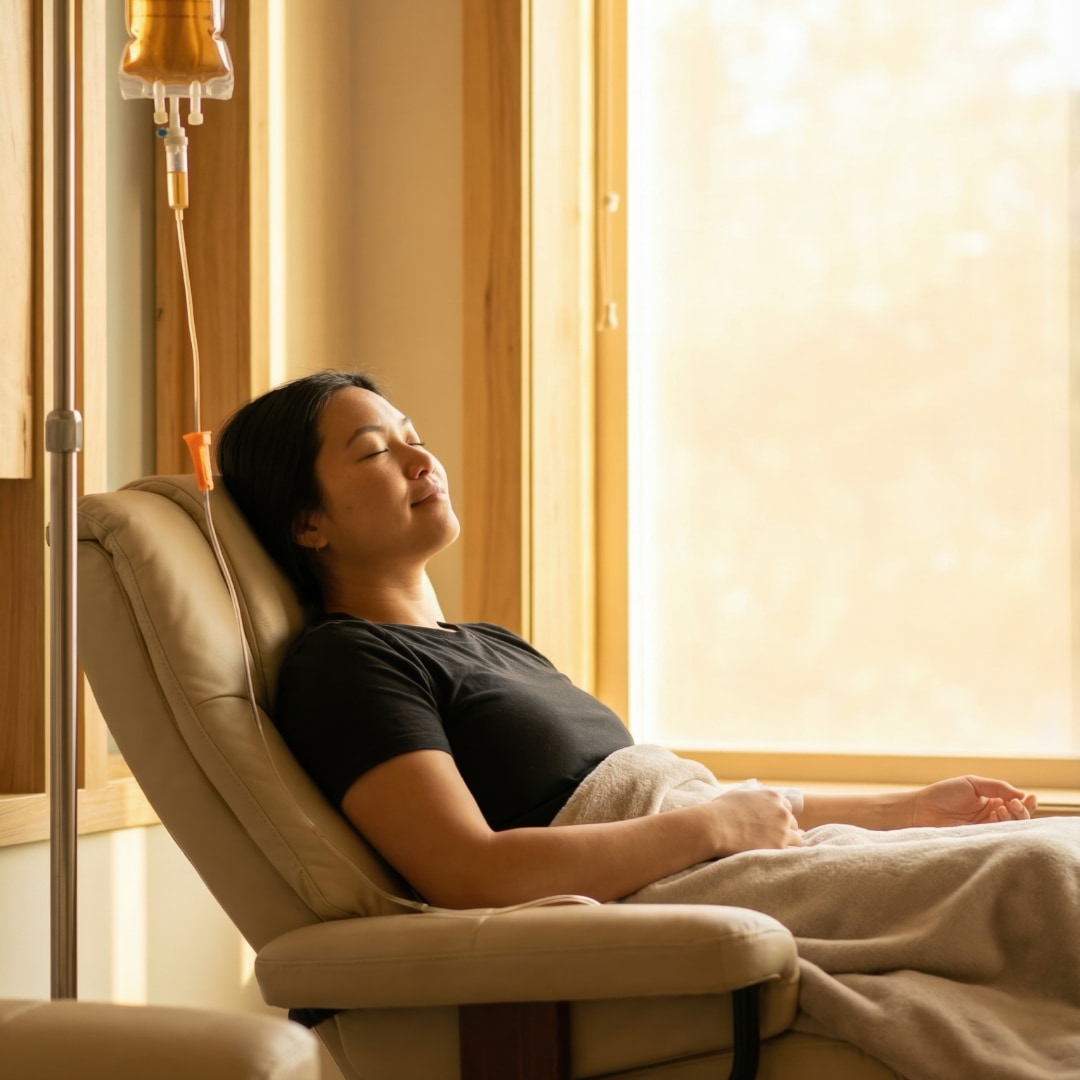 Woman resting in a recliner during a curcumin IV infusion in a sunlit clinic